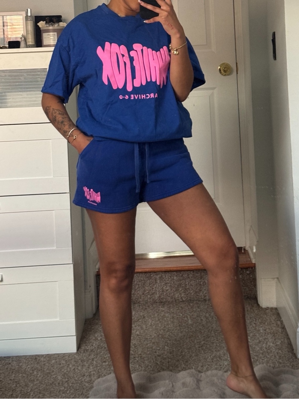 White Fox Boutique Blue Athletic Drawstring Shorts with Pink Logo